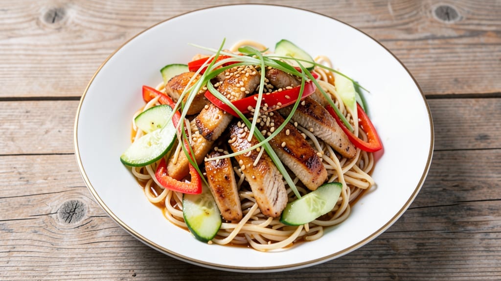 Asian Chicken Noodle Salad Recipe: Sesame-Ginger Dressing with Crunchy Peanut Topping