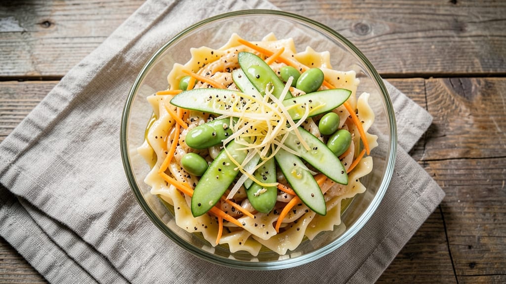 Asian Bowtie Pasta Salad Recipe: Sesame-Ginger Dressing With Crunchy Edamame