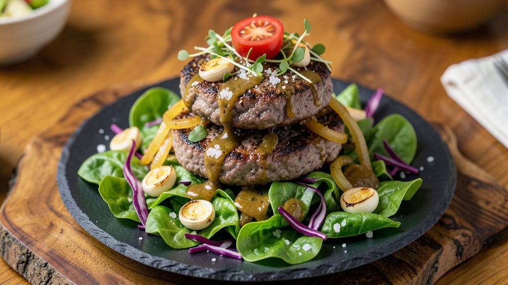 Burger Salad Recipe Healthy: Juicy Beef Bites Over Crunchy Greens