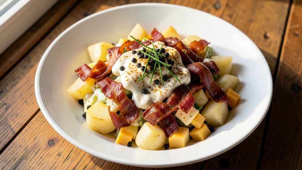 Bacon Cheese Potato Salad Recipe: Crispy Bacon Bites Over Creamy Herb Velout