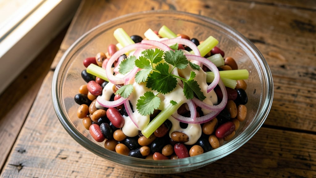 Calico Beans Salad Recipe: Crunchy Celery Crowns Over Creamy Herb Dressing Bliss
