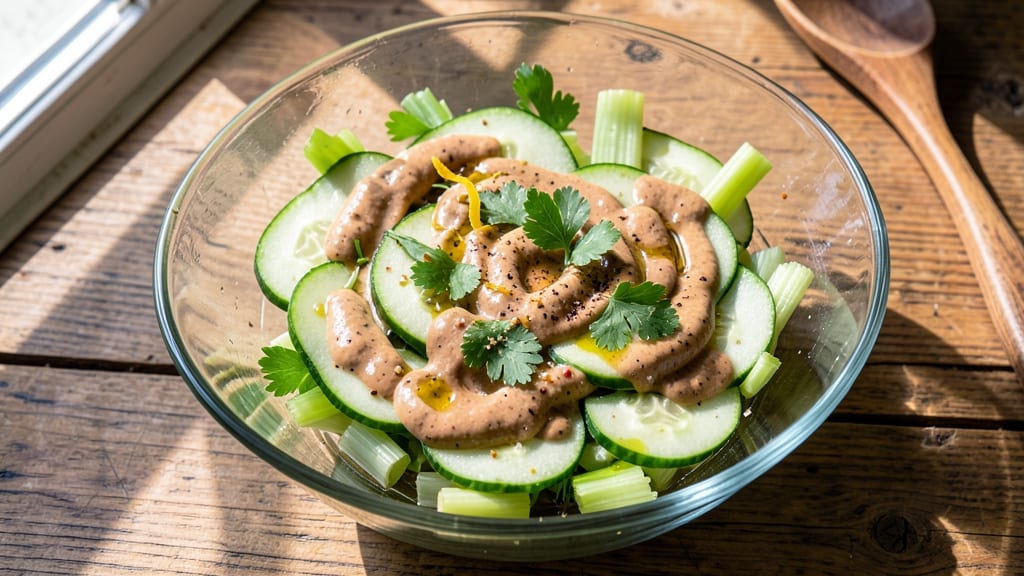 Authentic Israeli Salad Recipe: Crunchy Celery Crowns Over Creamy Tahini Bliss