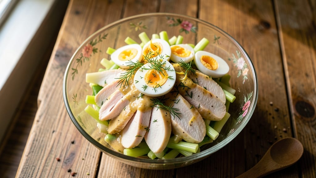 Calvin's Bocage Chicken Salad Recipe: Herb-Infused Poached Chicken Over Crisp Celery Crowns