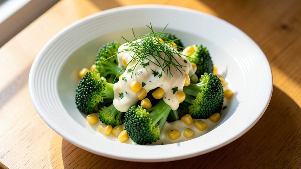 Broccoli and Corn Salad Recipe: Sweet Corn and Broccoli Crunch in Creamy Herb Dressing