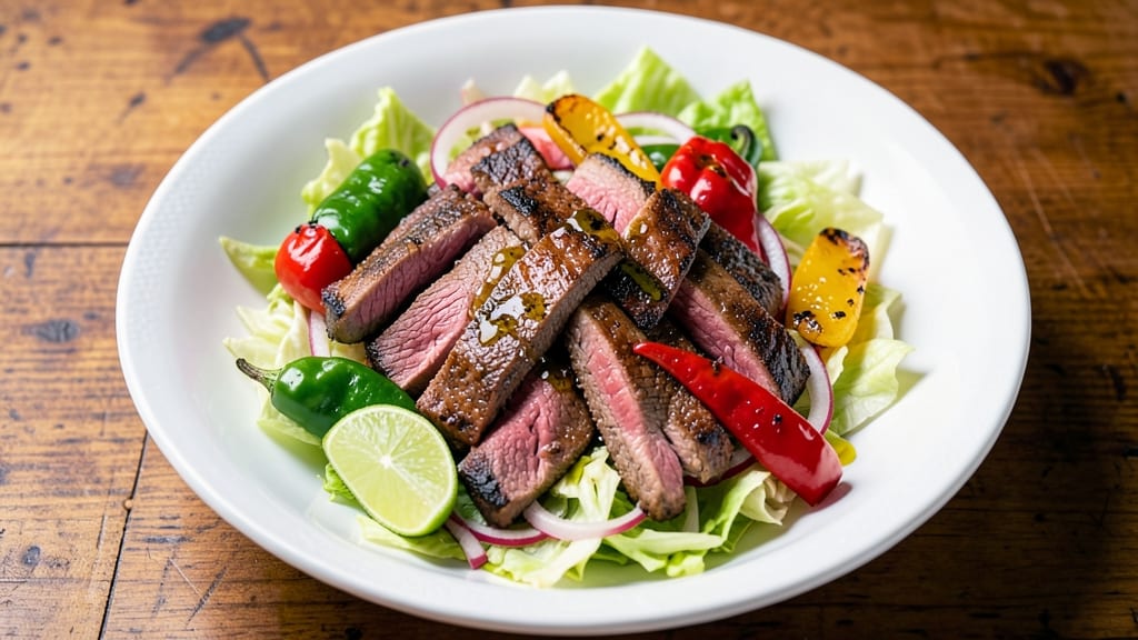 Beef Fajita Salad Recipe: Charred Peppers and Steak Over Crisp Lettuce