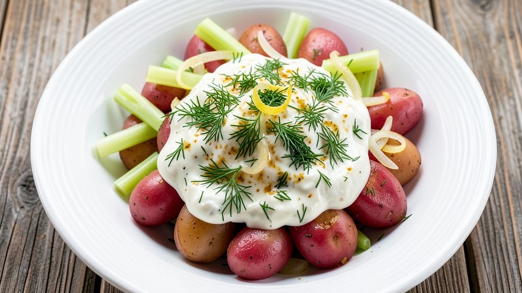 Dill Potato Salad Recipe No Mayo: Crisp Celery Crowns Over Tangy Yogurt Bliss